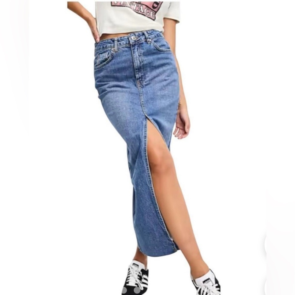 Stradivarius ASOS denim midi skirt with front split